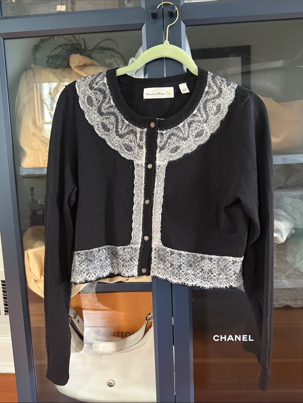 Anthropologie Wool Black Cropped Cardigan with Gray Lace Trim